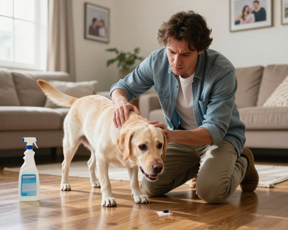 A concerned dog owner kneels beside their pet, an anxious Labrador Retriever, in a cozy, well-lit living room. The owner, dressed in casual yet tidy clothing, gently examines the dog for symptoms of chemical poisoning after potential exposure from licking cleaned floors. The floor is polished and reflects soft light, showcasing a few visible cleaning products nearby. In the background, a warm, inviting atmosphere is created by a comfy couch and family photos hanging on the walls. The dog's expression conveys unease, with slight drooling and wide eyes that suggest discomfort. The mood is tense yet hopeful, emphasizing the importance of vigilance in pet health. Natural lighting filters through a nearby window, casting gentle shadows, while the focus remains sharp on the interaction between the owner and the dog. A concerned dog owner kneels beside their pet, an anxious Labrador Retriever, in a cozy, well-lit living room. The owner, dressed in casual yet tidy clothing, gently examines the dog for symptoms of chemical poisoning after potential exposure from licking cleaned floors. The floor is polished and reflects soft light, showcasing a few visible cleaning products nearby. In the background, a warm, inviting atmosphere is created by a comfy couch and family photos hanging on the walls. The dog's expression conveys unease, with slight drooling and wide eyes that suggest discomfort. The mood is tense yet hopeful, emphasizing the importance of vigilance in pet health. Natural lighting filters through a nearby window, casting gentle shadows, while the focus remains sharp on the interaction between the owner and the dog.