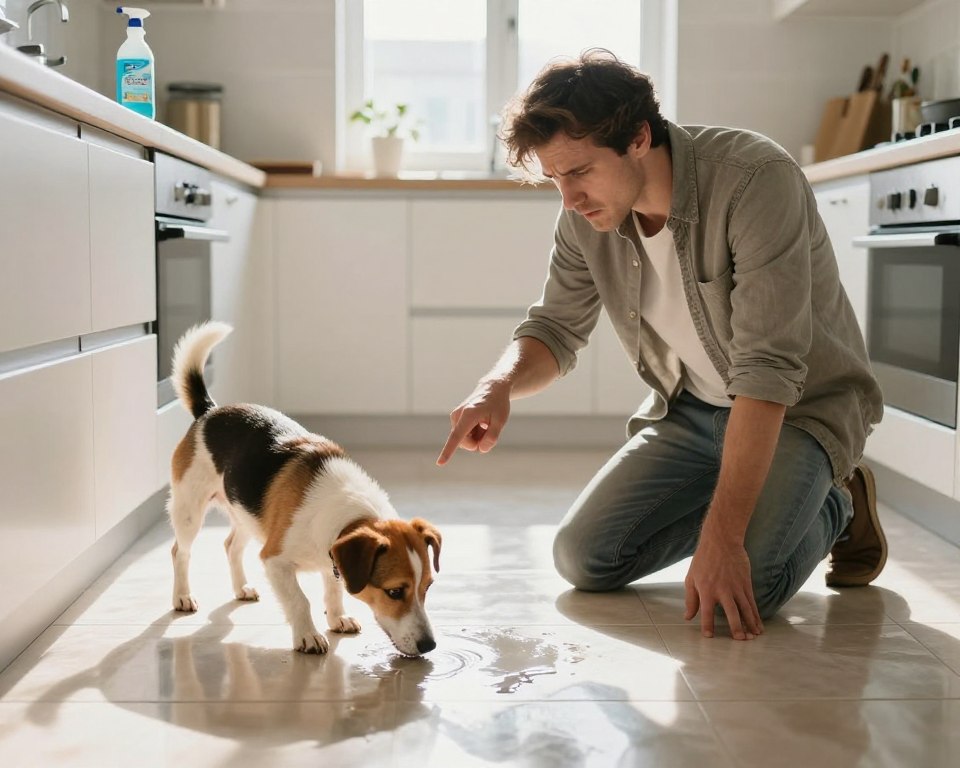 A concerned dog owner kneels in a brightly lit, modern kitchen, observing their small dog sniffing the freshly cleaned floor. The owner, dressed in casual, modest clothing, expresses worry while pointing towards a bottle of cleaning solution on the counter, emphasizing the potential dangers of floor cleaning chemicals. In the foreground, the dog appears curious, its nose inches away from the shiny, wet floor, revealing its vulnerability. The middle ground showcases the clean kitchen with gleaming tiles, while the background features sunlight filtering through a window, casting soft shadows. The atmosphere conveys a sense of caution and awareness, highlighting the importance of pet safety in home cleaning practices. A concerned dog owner kneels in a brightly lit, modern kitchen, observing their small dog sniffing the freshly cleaned floor. The owner, dressed in casual, modest clothing, expresses worry while pointing towards a bottle of cleaning solution on the counter, emphasizing the potential dangers of floor cleaning chemicals. In the foreground, the dog appears curious, its nose inches away from the shiny, wet floor, revealing its vulnerability. The middle ground showcases the clean kitchen with gleaming tiles, while the background features sunlight filtering through a window, casting soft shadows. The atmosphere conveys a sense of caution and awareness, highlighting the importance of pet safety in home cleaning practices.