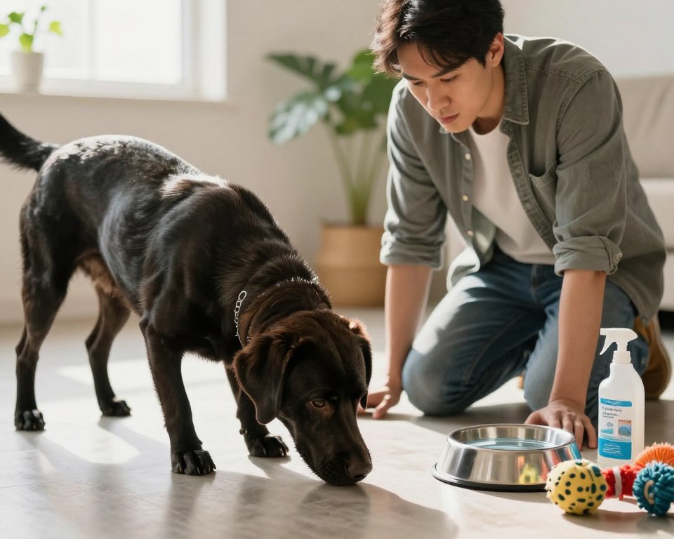 A concerned dog owner kneels on a clean, shiny floor, observing their curious dog, a healthy medium-sized Labrador, sniffing at the surface. The foreground highlights the dog's glossy coat and the owner's gentle expression, dressed in casual yet professional attire. In the middle background, various pet care items are neatly arranged, including a bowl of fresh water, a few toys, and a bottle of pet-safe floor cleaner, implying preventative care. Soft, natural lighting filters in from a nearby window, casting a warm glow over the scene, while hints of greenery from houseplants create a calm, safe atmosphere. The composition centers on the bond between pet and owner, emphasizing vigilance in pet health. A concerned dog owner kneels on a clean, shiny floor, observing their curious dog, a healthy medium-sized Labrador, sniffing at the surface. The foreground highlights the dog's glossy coat and the owner's gentle expression, dressed in casual yet professional attire. In the middle background, various pet care items are neatly arranged, including a bowl of fresh water, a few toys, and a bottle of pet-safe floor cleaner, implying preventative care. Soft, natural lighting filters in from a nearby window, casting a warm glow over the scene, while hints of greenery from houseplants create a calm, safe atmosphere. The composition centers on the bond between pet and owner, emphasizing vigilance in pet health.