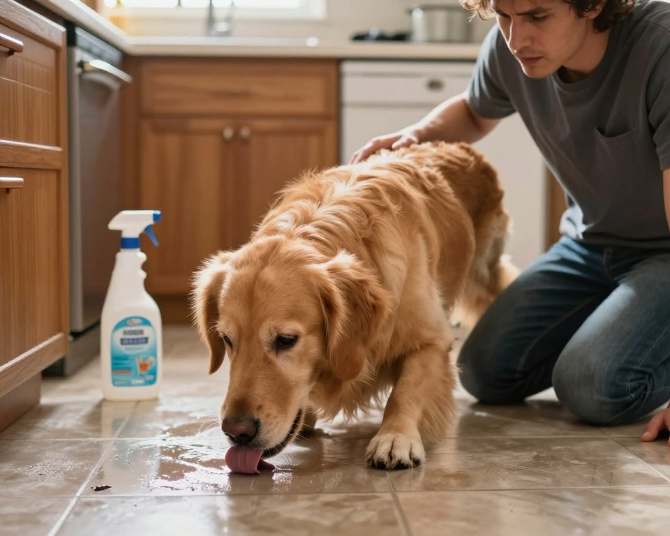 A concerned dog owner kneels on a shiny, freshly-cleaned floor, looking apprehensively at their golden retriever, who is curiously licking the surface. The dog’s fur shines in the soft, warm lighting of the room, highlighting its playful yet inquisitive expression. In the background, a bottle of pet-safe floor cleaner is placed on a kitchen counter, suggesting a recent cleaning. The setting is cozy and inviting, with wooden cabinets and a hint of sunlight streaming through a window. The angle is slightly above eye-level, giving a clear view of both the dog and the concerned owner, creating a mood of caution and care, emphasizing the focus on pet safety after cleaning. A concerned dog owner kneels on a shiny, freshly-cleaned floor, looking apprehensively at their golden retriever, who is curiously licking the surface. The dog’s fur shines in the soft, warm lighting of the room, highlighting its playful yet inquisitive expression. In the background, a bottle of pet-safe floor cleaner is placed on a kitchen counter, suggesting a recent cleaning. The setting is cozy and inviting, with wooden cabinets and a hint of sunlight streaming through a window. The angle is slightly above eye-level, giving a clear view of both the dog and the concerned owner, creating a mood of caution and care, emphasizing the focus on pet safety after cleaning.