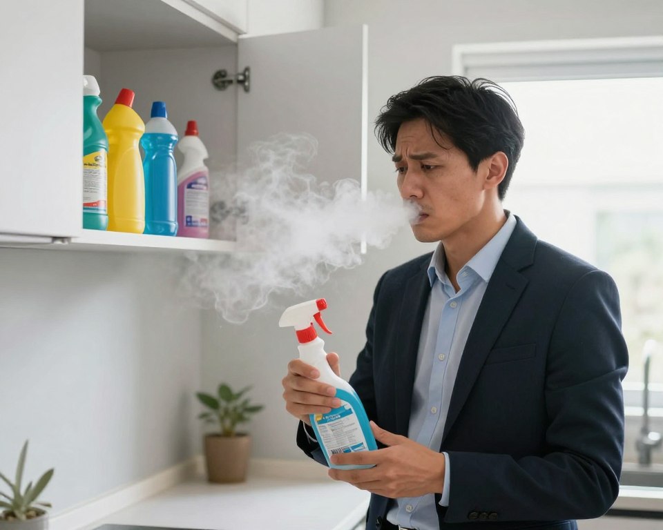 A concerned individual, dressed in professional business attire, stands in a modern kitchen while holding a bottle of cleaning product. The foreground features the person's worried expression as they inhale chemical fumes, illustrating the harmful effects of cleaning products. In the middle ground, the open cabinet reveals various brightly colored cleaning supplies, with visible warning labels. The background shows an airy kitchen with a window slightly ajar, hinting at an attempt to ventilate the space. Soft, diffused lighting highlights the steam and chemical particles lingering in the air, creating a slightly hazy atmosphere. The overall mood conveys a sense of caution and concern for health, emphasizing the potential dangers of inhaling cleaning fumes. A concerned individual, dressed in professional business attire, stands in a modern kitchen while holding a bottle of cleaning product. The foreground features the person's worried expression as they inhale chemical fumes, illustrating the harmful effects of cleaning products. In the middle ground, the open cabinet reveals various brightly colored cleaning supplies, with visible warning labels. The background shows an airy kitchen with a window slightly ajar, hinting at an attempt to ventilate the space. Soft, diffused lighting highlights the steam and chemical particles lingering in the air, creating a slightly hazy atmosphere. The overall mood conveys a sense of caution and concern for health, emphasizing the potential dangers of inhaling cleaning fumes.