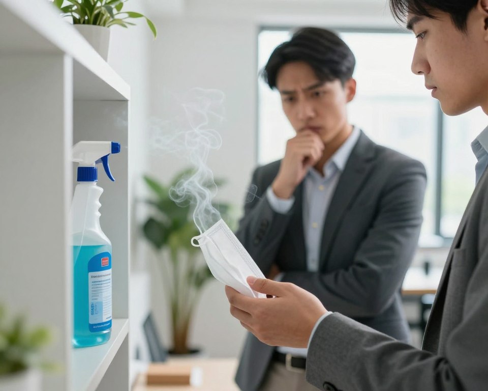 A concerned individual in a modern office setting, wearing professional business attire, stands nearby a cleaning supply cabinet. The foreground features a close-up of their hand holding a mask, indicating respiratory irritation. In the middle ground, the individual is gazing thoughtfully at an open bottle of a cleaning product, with visible fumes subtly rising from it, depicted in soft, swirling wisps. The background shows a bright, well-lit office environment, with plants and a desk, creating a contrast between the clean space and the potential hazards of the cleaning products. Natural lighting coming from a nearby window adds a sense of realism, while the overall atmosphere conveys unease and caution, capturing the essence of chemical sensitivity related to cleaning product fumes. A concerned individual in a modern office setting, wearing professional business attire, stands nearby a cleaning supply cabinet. The foreground features a close-up of their hand holding a mask, indicating respiratory irritation. In the middle ground, the individual is gazing thoughtfully at an open bottle of a cleaning product, with visible fumes subtly rising from it, depicted in soft, swirling wisps. The background shows a bright, well-lit office environment, with plants and a desk, creating a contrast between the clean space and the potential hazards of the cleaning products. Natural lighting coming from a nearby window adds a sense of realism, while the overall atmosphere conveys unease and caution, capturing the essence of chemical sensitivity related to cleaning product fumes.