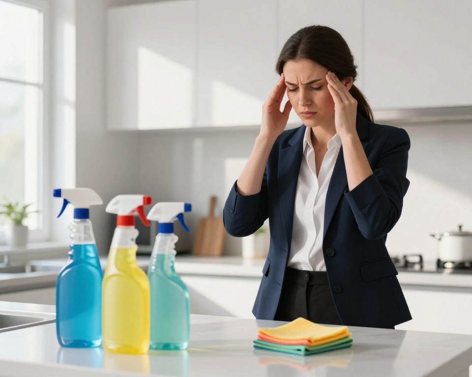 A concerned individual, portrayed in professional attire, stands in a well-lit kitchen, glancing towards a countertop filled with various cleaning products. The foreground features half-full spray bottles and vibrant-colored cleaning rags, hinting at the aftermath of cleaning. The middle ground shows the person holding their temples with an expression of discomfort, suggesting a headache caused by strong chemical fumes. The background is a clean, modern kitchen with subtle sunlight streaming through a window, casting soft shadows, enhancing the mood of concern. The overall atmosphere conveys a sense of awareness and caution regarding the use of cleaning products, revealing the potential effects on health, particularly headaches. A concerned individual, portrayed in professional attire, stands in a well-lit kitchen, glancing towards a countertop filled with various cleaning products. The foreground features half-full spray bottles and vibrant-colored cleaning rags, hinting at the aftermath of cleaning. The middle ground shows the person holding their temples with an expression of discomfort, suggesting a headache caused by strong chemical fumes. The background is a clean, modern kitchen with subtle sunlight streaming through a window, casting soft shadows, enhancing the mood of concern. The overall atmosphere conveys a sense of awareness and caution regarding the use of cleaning products, revealing the potential effects on health, particularly headaches.