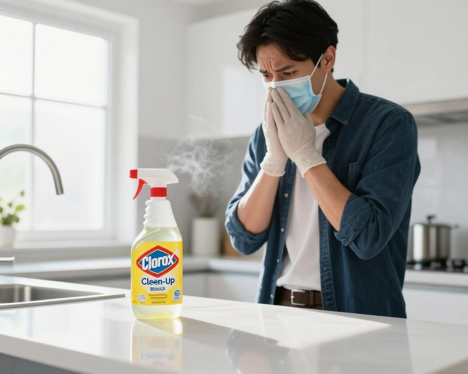 A concerned individual wearing a mask and gloves is standing in a brightly lit, modern kitchen, looking at a bottle of Clorox Clean-Up Cleaner with Bleach. The person, dressed in smart casual attire, exhibits a slightly distressed expression, indicating concern about inhalation exposure. In the foreground, the shiny surface of the kitchen counter reflects the vivid colors of the cleaner's label. In the middle, the cleaner bottle is prominently displayed, with a little mist in the air to symbolize the inhalation risk. The background consists of clean kitchen elements like a dish rack and natural light streaming through a window, creating a bright, clinical atmosphere. The image conveys a sense of caution and awareness about chemical safety, highlighting the seriousness of the topic. A concerned individual wearing a mask and gloves is standing in a brightly lit, modern kitchen, looking at a bottle of Clorox Clean-Up Cleaner with Bleach. The person, dressed in smart casual attire, exhibits a slightly distressed expression, indicating concern about inhalation exposure. In the foreground, the shiny surface of the kitchen counter reflects the vivid colors of the cleaner's label. In the middle, the cleaner bottle is prominently displayed, with a little mist in the air to symbolize the inhalation risk. The background consists of clean kitchen elements like a dish rack and natural light streaming through a window, creating a bright, clinical atmosphere. The image conveys a sense of caution and awareness about chemical safety, highlighting the seriousness of the topic.