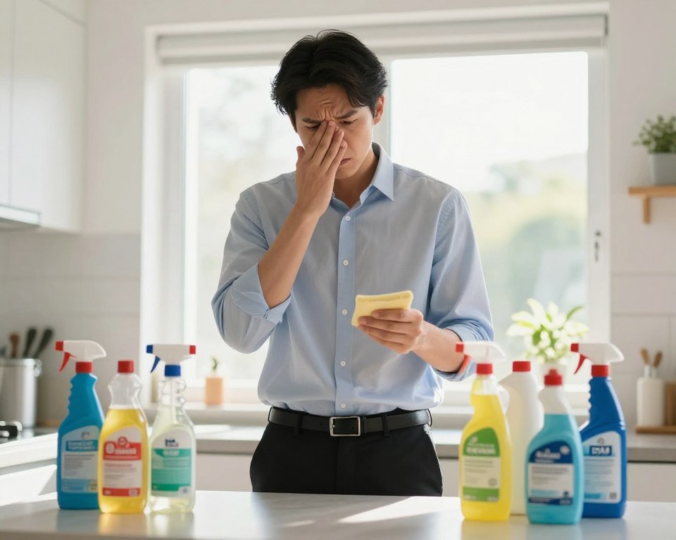 A concerned individual wearing a professional business shirt and pants stands in a brightly lit kitchen, examining various cleaning products on a countertop. The focus is on the person's facial expression, which reflects a sense of unease or caution. In the background, a window shows a sunny day outside, contrasting the tension in the scene. Soft natural light filters into the room, illuminating the sleek bottles and containers, emphasizing their labels, which display strong chemical symbols. The atmosphere is charged with a mix of household normalcy and underlying health concerns, highlighting the potential hazards of cleaning products in relation to asthma. The overall composition conveys an urgent, informative tone without any text or distractions.