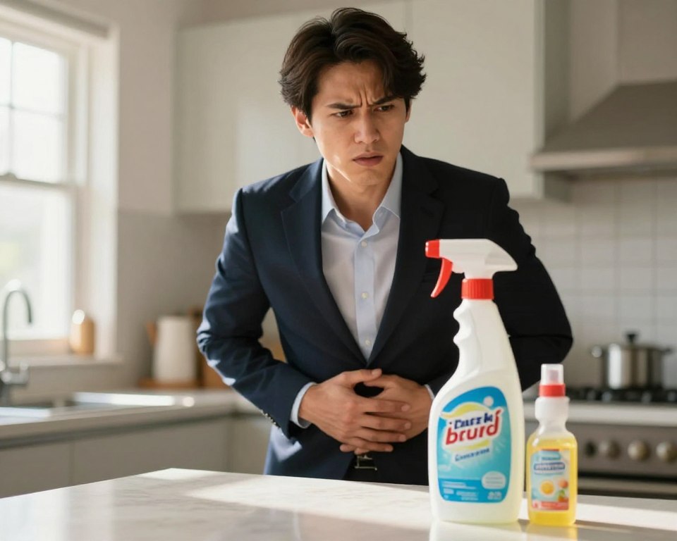 A concerned individual wearing professional business attire stands in a softly lit kitchen, gazing apprehensively at a spray bottle of cleaning product on a countertop. The foreground features a close-up of the bottle, with colorful labels indicating various cleaning agents. In the middle ground, the person holds their stomach slightly, showing signs of discomfort, with a furrowed brow and a hesitant expression. The background shows a well-organized kitchen with sunlight filtering through a window, creating a warm but tense atmosphere. The overall mood conveys a sense of unease, highlighting the potential effects of cleaning product fumes. The image employs natural lighting with a slightly blurred background to focus on the subject and the cleaning product, using a shallow depth of field to enhance the visual impact. A concerned individual wearing professional business attire stands in a softly lit kitchen, gazing apprehensively at a spray bottle of cleaning product on a countertop. The foreground features a close-up of the bottle, with colorful labels indicating various cleaning agents. In the middle ground, the person holds their stomach slightly, showing signs of discomfort, with a furrowed brow and a hesitant expression. The background shows a well-organized kitchen with sunlight filtering through a window, creating a warm but tense atmosphere. The overall mood conveys a sense of unease, highlighting the potential effects of cleaning product fumes. The image employs natural lighting with a slightly blurred background to focus on the subject and the cleaning product, using a shallow depth of field to enhance the visual impact.