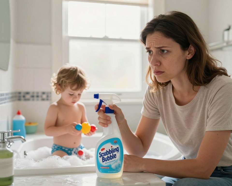 A concerned parent observing a spray bottle of Scrubbing Bubbles bathroom cleaner on a bathroom counter, with an expressive look of caution. In the foreground, the parent, wearing a modest casual outfit, gazes directly at the cleaner, and holds their child at a safe distance, who is playing with bath toys. In the middle ground, a bathtub filled with bubbles and cleaning supplies surrounds them, while in the background, a window shows a bright afternoon light filtering through. The atmosphere conveys a sense of alertness and concern for safety, highlighting the potential risks of inhaling toxic chemicals. Soft shadows and warm lighting emphasize the domestic setting, while the focus remains on the parent and child to illustrate the theme of vulnerable populations. A concerned parent observing a spray bottle of Scrubbing Bubbles bathroom cleaner on a bathroom counter, with an expressive look of caution. In the foreground, the parent, wearing a modest casual outfit, gazes directly at the cleaner, and holds their child at a safe distance, who is playing with bath toys. In the middle ground, a bathtub filled with bubbles and cleaning supplies surrounds them, while in the background, a window shows a bright afternoon light filtering through. The atmosphere conveys a sense of alertness and concern for safety, highlighting the potential risks of inhaling toxic chemicals. Soft shadows and warm lighting emphasize the domestic setting, while the focus remains on the parent and child to illustrate the theme of vulnerable populations.