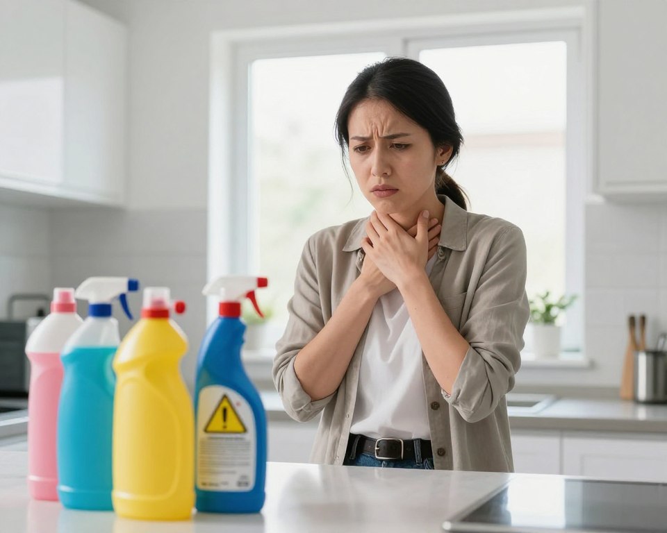 A concerned person in a modern, brightly lit kitchen is shown using cleaning products, looking uneasy. The foreground features an array of colorful cleaning bottles, with one prominently displaying caution labels. In the middle, the person, dressed in professional casual attire, is holding their throat with a worried expression, suggesting discomfort. The background reveals a window with light streaming in, illuminating the scene and creating a contrast between cleanliness and worry. Soft shadows emphasize the seriousness of the situation, while the overall atmosphere is tense yet informative, focusing on the implications of inhaling cleaning product fumes. The image is captured from an eye-level angle to enhance relatability and urgency. A concerned person in a modern, brightly lit kitchen is shown using cleaning products, looking uneasy. The foreground features an array of colorful cleaning bottles, with one prominently displaying caution labels. In the middle, the person, dressed in professional casual attire, is holding their throat with a worried expression, suggesting discomfort. The background reveals a window with light streaming in, illuminating the scene and creating a contrast between cleanliness and worry. Soft shadows emphasize the seriousness of the situation, while the overall atmosphere is tense yet informative, focusing on the implications of inhaling cleaning product fumes. The image is captured from an eye-level angle to enhance relatability and urgency.