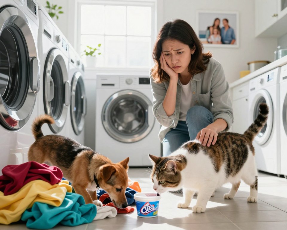 A concerned pet owner stands in a well-lit laundry room, their expression worried as they observe a curious cat and a small dog sniffing around a freshly laundered pile of colorful clothes. In the foreground, the dog's nose is just inches from a container of OxiClean, emphasizing the potential risk. The middle ground features a neatly organized laundry area, with bright natural light streaming in from a window, illuminating the clothes and creating soft shadows. The background shows a family photo on the wall, portraying a loving home atmosphere. The overall mood is tense yet informative, highlighting the importance of pet safety in household cleaning practices. The angle captures the depth of the scene, inviting viewers into the moment without including any text or distractions. A concerned pet owner stands in a well-lit laundry room, their expression worried as they observe a curious cat and a small dog sniffing around a freshly laundered pile of colorful clothes. In the foreground, the dog's nose is just inches from a container of OxiClean, emphasizing the potential risk. The middle ground features a neatly organized laundry area, with bright natural light streaming in from a window, illuminating the clothes and creating soft shadows. The background shows a family photo on the wall, portraying a loving home atmosphere. The overall mood is tense yet informative, highlighting the importance of pet safety in household cleaning practices. The angle captures the depth of the scene, inviting viewers into the moment without including any text or distractions.