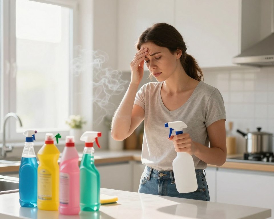 A concerned woman in a brightly lit kitchen, wearing casual yet modest clothing, stands near a counter filled with various cleaning products. She looks slightly dizzy, touching her forehead with one hand while holding a spray bottle with the other. In the foreground, colorful cleaning products are arranged on the counter, while faint, swirling fumes rise from the bottles, subtly creating a sense of disorientation. The middle ground features a clean kitchen with sparkling surfaces, emphasizing the common use of these products. The background reveals a sunny window, allowing soft, warm light to enter the room, creating a bright yet slightly hazy atmosphere, reflecting the potential discomfort from fumes. The overall mood conveys concern for safety and health in everyday cleaning activities. A concerned woman in a brightly lit kitchen, wearing casual yet modest clothing, stands near a counter filled with various cleaning products. She looks slightly dizzy, touching her forehead with one hand while holding a spray bottle with the other. In the foreground, colorful cleaning products are arranged on the counter, while faint, swirling fumes rise from the bottles, subtly creating a sense of disorientation. The middle ground features a clean kitchen with sparkling surfaces, emphasizing the common use of these products. The background reveals a sunny window, allowing soft, warm light to enter the room, creating a bright yet slightly hazy atmosphere, reflecting the potential discomfort from fumes. The overall mood conveys concern for safety and health in everyday cleaning activities.