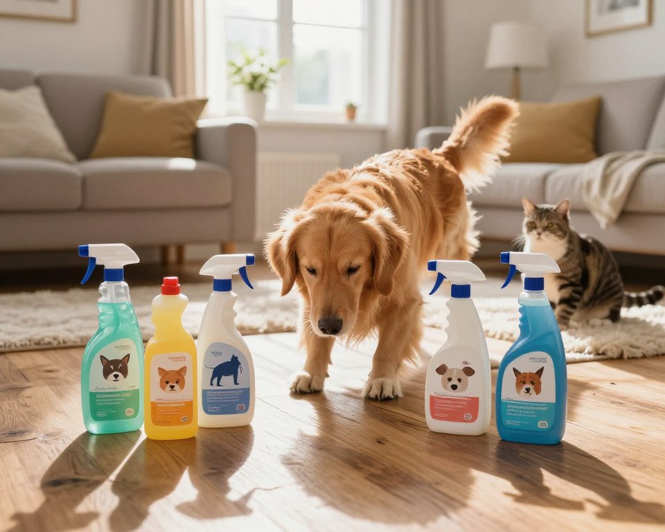 A cozy and inviting living room setting showcasing pet-friendly floor cleaning products. In the foreground, there are several colorful bottles labeled with friendly animal symbols, arranged neatly on a rustic wooden floor. In the middle, a friendly golden retriever is playfully sniffing around the cleaning products, while a curious cat observes from a nearby plush rug. The background features bright sunlight streaming in through a window, illuminating the space and creating a warm, welcoming atmosphere. Soft shadows enhance the texture of the floor and highlight the safety of the cleaning products. Use a wide-angle lens to capture a sense of openness and comfort, inviting viewers to imagine a safe environment for their pets. A cozy and inviting living room setting showcasing pet-friendly floor cleaning products. In the foreground, there are several colorful bottles labeled with friendly animal symbols, arranged neatly on a rustic wooden floor. In the middle, a friendly golden retriever is playfully sniffing around the cleaning products, while a curious cat observes from a nearby plush rug. The background features bright sunlight streaming in through a window, illuminating the space and creating a warm, welcoming atmosphere. Soft shadows enhance the texture of the floor and highlight the safety of the cleaning products. Use a wide-angle lens to capture a sense of openness and comfort, inviting viewers to imagine a safe environment for their pets.