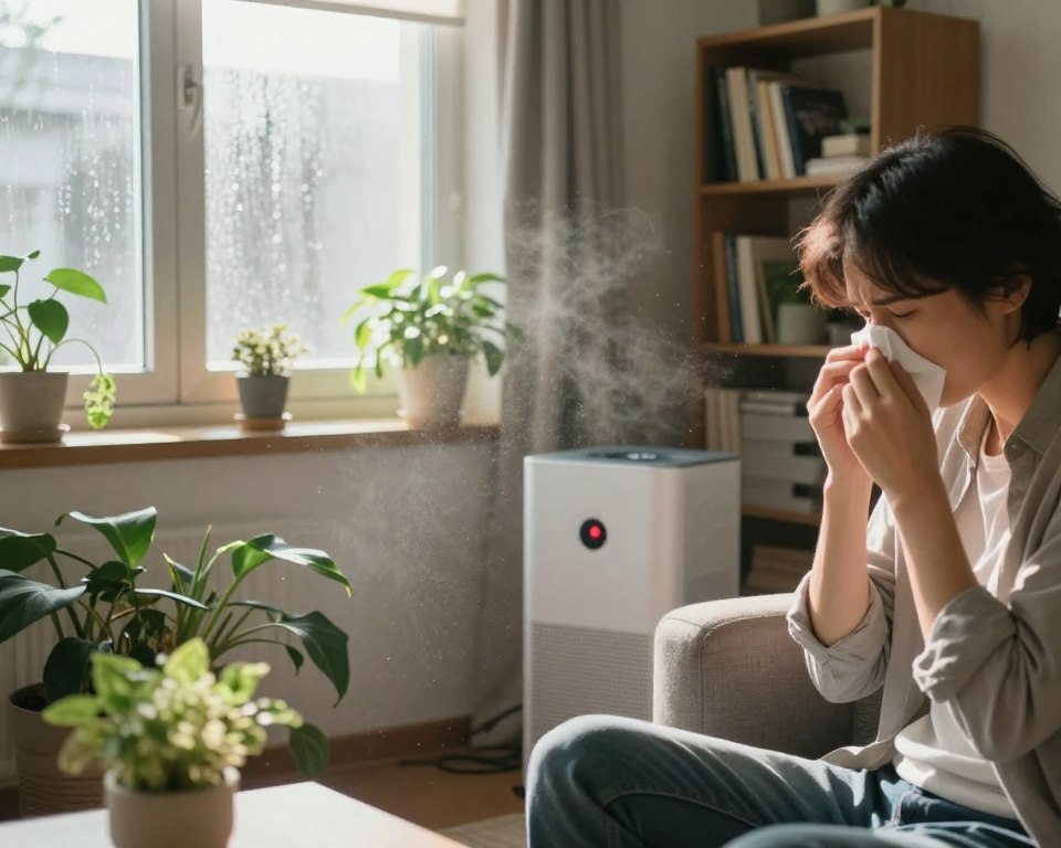 A cozy and well-furnished indoor living space, showcasing clear signs of compromised air quality. In the foreground, a person wearing casual, professional clothing holds their nose and looks concerned, surrounded by visible dust particles floating in sunlight streaming through a window. In the middle ground, the visible effects of poor air quality include wilting indoor plants, condensation on windows, and an air purifier visibly struggling with a red alert light. The background features a cluttered shelf filled with books and some indoor decor, subtly hinting at neglect. Soft, diffused lighting enhances the mood of unease, while a slight haze signifies the polluted air. Overall, the atmosphere conveys the importance of indoor air quality and the need for fresh air.