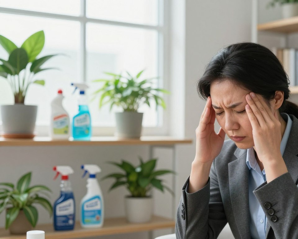 A cozy indoor environment showcasing the concept of indoor air quality and its impact on headaches. In the foreground, a person in professional attire appears thoughtful, gently rubbing their temples, conveying a sense of discomfort. In the middle ground, various common indoor air pollutants like cleaning products and plants are displayed on shelves, creating a visual representation of potential triggers. The background features a bright window allowing natural light to pour in, illuminating the space and emphasizing freshness despite the clutter. Utilize soft, diffused lighting to create a serene atmosphere, while maintaining a slightly tense mood to reflect the complexity of air quality issues. The composition should evoke empathy and raise awareness about the connection between air quality and health. A cozy indoor environment showcasing the concept of indoor air quality and its impact on headaches. In the foreground, a person in professional attire appears thoughtful, gently rubbing their temples, conveying a sense of discomfort. In the middle ground, various common indoor air pollutants like cleaning products and plants are displayed on shelves, creating a visual representation of potential triggers. The background features a bright window allowing natural light to pour in, illuminating the space and emphasizing freshness despite the clutter. Utilize soft, diffused lighting to create a serene atmosphere, while maintaining a slightly tense mood to reflect the complexity of air quality issues. The composition should evoke empathy and raise awareness about the connection between air quality and health.