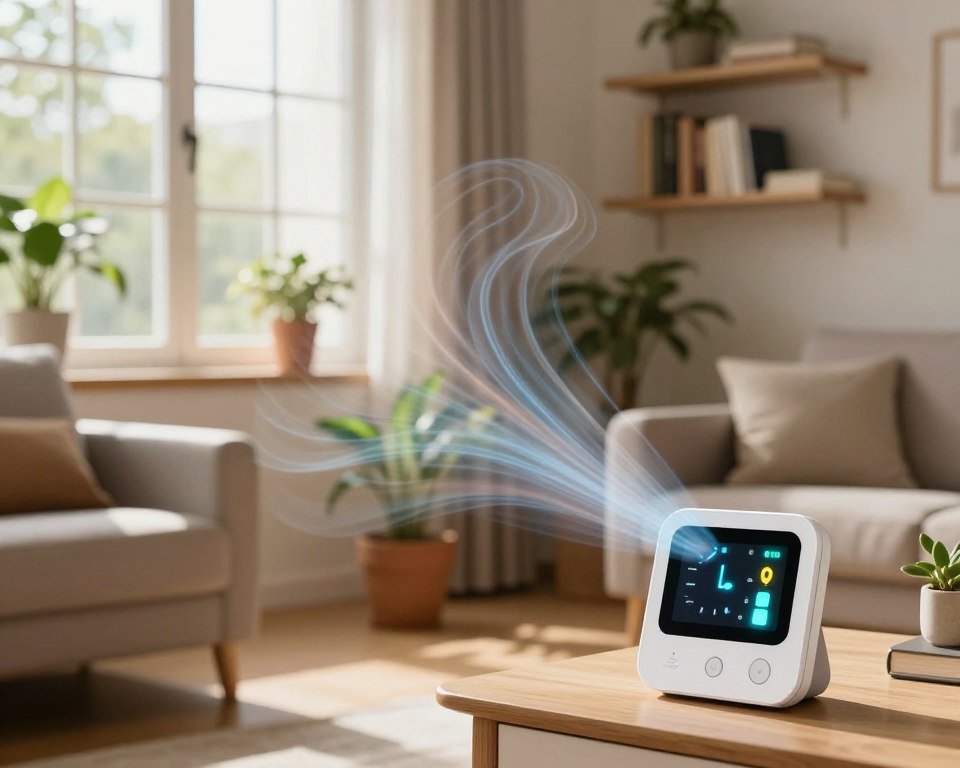 A cozy indoor space showcasing a living room with a focus on indoor air quality. In the foreground, a modern air quality monitor displays glowing indicators for pollution levels. The middle section features potted plants and an open window with soft sunlight streaming in, creating a warm ambiance. Airflow visualization swirls gently around the room, symbolizing fresh air mixing with cleaning product fumes, depicted as faint wisps of color. The background shows shelves filled with books and a tidy environment, contributing to a sense of calm and health. Use soft, natural lighting to enhance the inviting atmosphere and emphasize the importance of clean air. The composition should evoke a feeling of serenity and awareness of indoor air quality. A cozy indoor space showcasing a living room with a focus on indoor air quality. In the foreground, a modern air quality monitor displays glowing indicators for pollution levels. The middle section features potted plants and an open window with soft sunlight streaming in, creating a warm ambiance. Airflow visualization swirls gently around the room, symbolizing fresh air mixing with cleaning product fumes, depicted as faint wisps of color. The background shows shelves filled with books and a tidy environment, contributing to a sense of calm and health. Use soft, natural lighting to enhance the inviting atmosphere and emphasize the importance of clean air. The composition should evoke a feeling of serenity and awareness of indoor air quality.