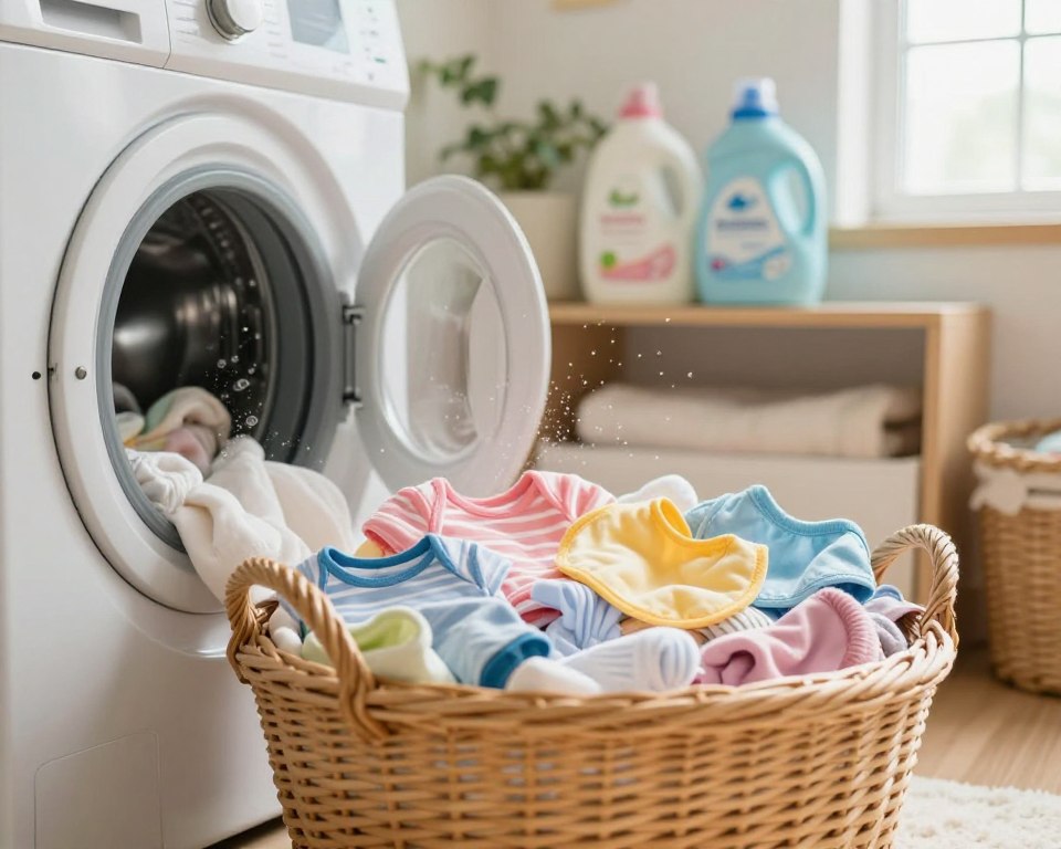 A cozy laundry room scene focused on the process of washing baby clothes. In the foreground, a wicker basket filled with colorful, soft baby clothes, such as onesies, socks, and bibs, is placed next to an open washing machine. In the middle ground, gentle bubbles rise from the washing machine, hinting at a fresh wash cycle. The background showcases shelves stocked with eco-friendly laundry detergents and soft fabric softeners, with warm, natural light streaming in through a window, creating a cheerful atmosphere. The overall mood is nurturing and clean, inviting parents to relate to the experience of caring for baby clothes. The scene is captured using a soft-focus lens, emphasizing the textures of the fabrics while keeping the overall image bright and inviting.