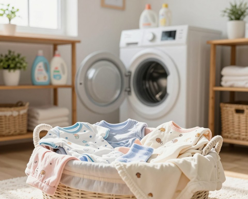 A cozy laundry room setting, featuring a warm, inviting atmosphere filled with soft, natural light streaming through a window. In the foreground, a neatly arranged basket of freshly washed baby clothes, including tiny onesies, soft blankets, and little socks, showcasing pastel colors and cute patterns. In the middle ground, a sparkling white washing machine with a stack of detergent bottles and fabric softener beside it, emphasizing cleanliness and care. The background features rustic wooden shelves lined with baby care products and a gentle potted plant for a touch of greenery. The overall mood is serene and nurturing, ideal for highlighting the best practices for washing newborn garments. The perspective should capture a slightly tilted angle, giving depth and warmth to the scene.