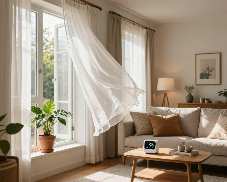 A cozy living room showcasing seasonal ventilation strategies for home air quality. In the foreground, wide-open windows with sheer curtains fluttering in a gentle breeze, letting in fresh air. A stylish potted plant on the windowsill symbolizes natural air purification. The middle ground features a comfortable sofa adorned with seasonal throw pillows, and a coffee table with an air quality monitor displaying optimal levels. In the background, a warm, inviting living space bathed in soft, natural light streaming from the open windows reflects a sense of cleanliness and freshness. The atmosphere is serene and refreshing, indicative of a well-ventilated environment during springtime. The composition should be photographed at a slight angle to emphasize the inviting space and airy feel, with a focus on warmth and tranquility. A cozy living room showcasing seasonal ventilation strategies for home air quality. In the foreground, wide-open windows with sheer curtains fluttering in a gentle breeze, letting in fresh air. A stylish potted plant on the windowsill symbolizes natural air purification. The middle ground features a comfortable sofa adorned with seasonal throw pillows, and a coffee table with an air quality monitor displaying optimal levels. In the background, a warm, inviting living space bathed in soft, natural light streaming from the open windows reflects a sense of cleanliness and freshness. The atmosphere is serene and refreshing, indicative of a well-ventilated environment during springtime. The composition should be photographed at a slight angle to emphasize the inviting space and airy feel, with a focus on warmth and tranquility.
