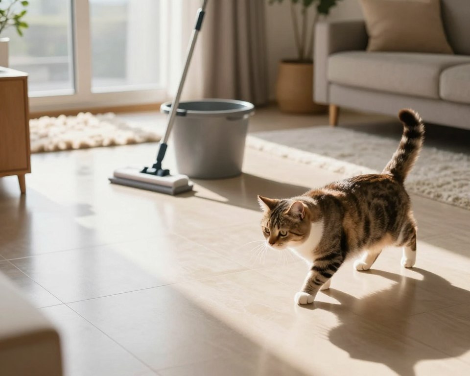 A cozy, modern living room scene showcasing a freshly mopped floor. In the foreground, a playful cat cautiously approaches the shiny surface, with its paws raised as if considering whether it's safe to walk. In the middle ground, a mop and bucket are neatly placed, indicating recent cleaning. Sunlight streams in through a large window, casting warm, inviting light that highlights the clean tiles. In the background, fluffy rugs and stylish furniture create a relaxing atmosphere. The focus is on the cat, emphasizing its curiosity and the contrast between cleanliness and pet safety. Capture the mood of a safe and homey environment, evoking a sense of care for pets. A cozy, modern living room scene showcasing a freshly mopped floor. In the foreground, a playful cat cautiously approaches the shiny surface, with its paws raised as if considering whether it's safe to walk. In the middle ground, a mop and bucket are neatly placed, indicating recent cleaning. Sunlight streams in through a large window, casting warm, inviting light that highlights the clean tiles. In the background, fluffy rugs and stylish furniture create a relaxing atmosphere. The focus is on the cat, emphasizing its curiosity and the contrast between cleanliness and pet safety. Capture the mood of a safe and homey environment, evoking a sense of care for pets.