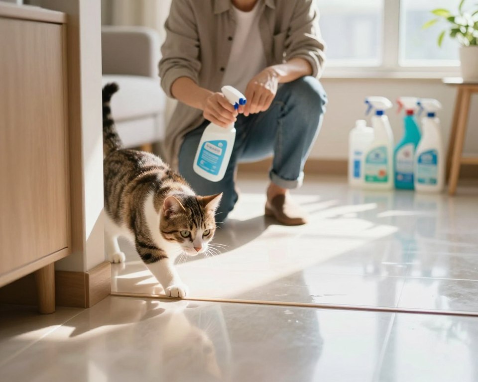 A cozy, pet-friendly home interior featuring a clean, shiny floor that reflects light, emphasizing safety for cats. In the foreground, a playful domestic cat cautiously approaches the edge of a freshly cleaned area, its body language showing curiosity yet cautiousness. In the middle, a family member, dressed in modest casual clothing, is kneeling down, using a non-toxic cleaning solution, ensuring the environment remains safe. The background includes various pet-safe cleaning supplies neatly arranged, highlighting a responsible cleaning routine. Natural sunlight streams through a nearby window, creating a warm and inviting atmosphere, emphasizing a sense of security and cleanliness in the space. The overall mood is one of care and responsibility. A cozy, pet-friendly home interior featuring a clean, shiny floor that reflects light, emphasizing safety for cats. In the foreground, a playful domestic cat cautiously approaches the edge of a freshly cleaned area, its body language showing curiosity yet cautiousness. In the middle, a family member, dressed in modest casual clothing, is kneeling down, using a non-toxic cleaning solution, ensuring the environment remains safe. The background includes various pet-safe cleaning supplies neatly arranged, highlighting a responsible cleaning routine. Natural sunlight streams through a nearby window, creating a warm and inviting atmosphere, emphasizing a sense of security and cleanliness in the space. The overall mood is one of care and responsibility.
