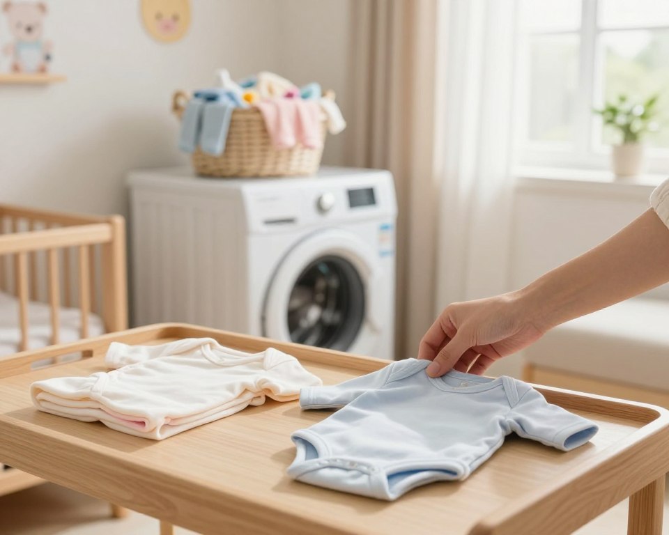 A cozy scene in a bright, well-lit nursery showcasing a parents' thoughtful moment while preparing new baby clothes for their infant. In the foreground, a pair of soft, pastel-colored onesies are neatly folded on a wooden changing table. A gentle hand is shown delicately holding a fabric swatch, symbolizing care and attention. In the middle, a washing machine in a softly lit corner of the room holds a basket filled with new baby clothes, suggesting the decision-making process about washing before use. The background features cheerful wall decor with baby-themed motifs, and a window with soft, natural sunlight streaming through, creating a warm and inviting atmosphere. The mood is nurturing and peaceful, encapsulating the innocence of new parenthood.