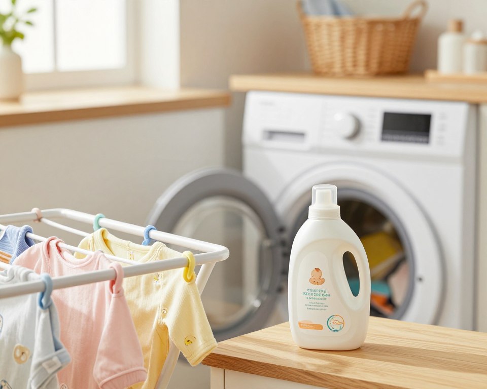 A cozy, softly lit laundry room is the setting, with pastel-colored baby clothes neatly hanging on a drying rack in the foreground. Capture a close-up of a gentle fabric softener bottle labeled for sensitive skin, with baby-friendly icons, placed on a wooden countertop. In the middle, a washing machine can be seen with a glass door, showing a load of freshly washed, vibrant baby clothes. Natural light streams through a window in the background, illuminating the scene and creating a warm, inviting atmosphere. The mood is calm and nurturing, emphasizing the care taken in choosing laundry products for delicate baby skin. The overall color palette should be soft and pastel to reflect a safe, gentle environment for babies.
