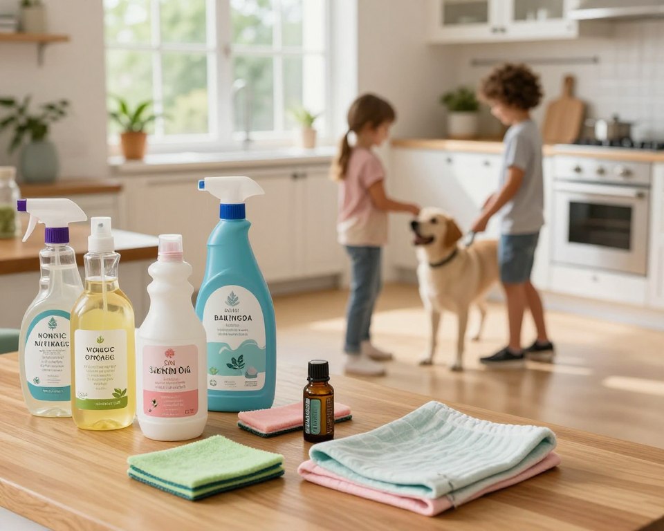 A cozy, sunlit kitchen featuring a variety of non-toxic floor cleaning options arranged neatly on a wooden countertop. In the foreground, focus on colorful, eco-friendly cleaning products in stylish bottles labeled with natural ingredients like vinegar, baking soda, and essential oils. A set of reusable cleaning cloths in soft pastel colors is laid beside them. In the middle ground, a family of diverse children playfully interacting with a friendly dog on a clean, shining floor, emphasizing a safe and healthy environment. The background shows a window with greenery outside, allowing soft natural light to illuminate the scene, creating an inviting and reassuring atmosphere of safety and cleanliness. The overall mood is warm, reassuring, and eco-conscious. A cozy, sunlit kitchen featuring a variety of non-toxic floor cleaning options arranged neatly on a wooden countertop. In the foreground, focus on colorful, eco-friendly cleaning products in stylish bottles labeled with natural ingredients like vinegar, baking soda, and essential oils. A set of reusable cleaning cloths in soft pastel colors is laid beside them. In the middle ground, a family of diverse children playfully interacting with a friendly dog on a clean, shining floor, emphasizing a safe and healthy environment. The background shows a window with greenery outside, allowing soft natural light to illuminate the scene, creating an inviting and reassuring atmosphere of safety and cleanliness. The overall mood is warm, reassuring, and eco-conscious.