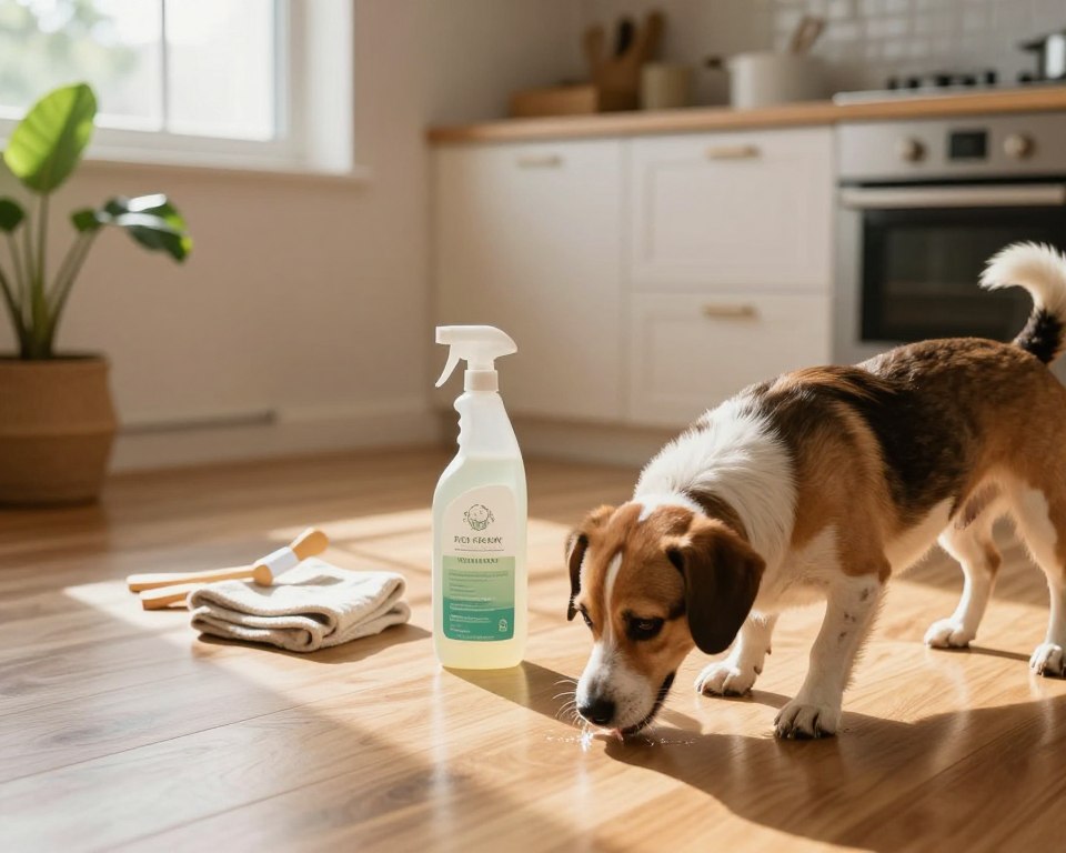 A cozy, sunlit kitchen with a gleaming wooden floor, freshly cleaned and safe for pets. In the foreground, a playful dog happily sniffs the clean surface, showcasing a sense of safety and joy. In the middle ground, a stylish bottle of eco-friendly, pet-safe cleaning solution is neatly placed on the countertop alongside natural cleaning tools like a soft cloth and a potted plant. The background features a warm ambiance with soft sunlight filtering through a window, casting gentle shadows that enhance the inviting atmosphere. The scene conveys a sense of cleanliness and care, promoting a pet-friendly environment. The composition should be captured from a slightly elevated angle to provide a clear view of the entire setting and evoke a reassuring, homey feel. A cozy, sunlit kitchen with a gleaming wooden floor, freshly cleaned and safe for pets. In the foreground, a playful dog happily sniffs the clean surface, showcasing a sense of safety and joy. In the middle ground, a stylish bottle of eco-friendly, pet-safe cleaning solution is neatly placed on the countertop alongside natural cleaning tools like a soft cloth and a potted plant. The background features a warm ambiance with soft sunlight filtering through a window, casting gentle shadows that enhance the inviting atmosphere. The scene conveys a sense of cleanliness and care, promoting a pet-friendly environment. The composition should be captured from a slightly elevated angle to provide a clear view of the entire setting and evoke a reassuring, homey feel.