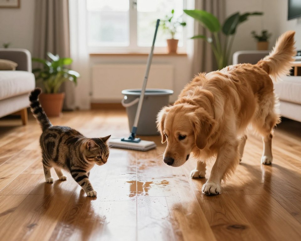 A cozy, sunlit living room with a clean, polished wooden floor reflecting warm light. In the foreground, a curious golden retriever and a playful tabby cat are cautiously inspecting the slightly damp floor, their expressions a mix of curiosity and caution. The middle part features a mop and a bucket, subtly placed to indicate recent cleaning without drawing focus. In the background, a large window lets in soft, natural light, illuminating potted plants that add a touch of greenery. The atmosphere is calm and inviting, conveying a sense of safety and serenity. The angle is eye-level, capturing the pets in an engaging yet relaxed manner, emphasizing the importance of dryness for pet safety on freshly mopped surfaces. A cozy, sunlit living room with a clean, polished wooden floor reflecting warm light. In the foreground, a curious golden retriever and a playful tabby cat are cautiously inspecting the slightly damp floor, their expressions a mix of curiosity and caution. The middle part features a mop and a bucket, subtly placed to indicate recent cleaning without drawing focus. In the background, a large window lets in soft, natural light, illuminating potted plants that add a touch of greenery. The atmosphere is calm and inviting, conveying a sense of safety and serenity. The angle is eye-level, capturing the pets in an engaging yet relaxed manner, emphasizing the importance of dryness for pet safety on freshly mopped surfaces.