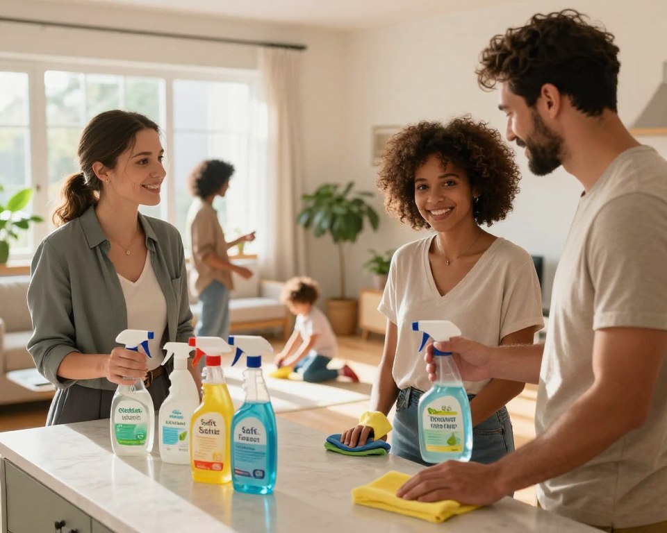 A cozy, well-lit home interior focusing on a safe cleaning environment. In the foreground, a diverse group of individuals, including a woman in professional attire and a man in modest casual clothing, carefully using non-toxic cleaning products while smiling and interacting. The cleaning products, labeled clearly as safe, are arranged neatly on a kitchen counter, emphasizing their eco-friendly nature. In the middle ground, a child plays safely on the floor, showcasing the caring atmosphere. Natural light filters in through a window, casting a warm glow that enhances the welcoming environment. In the background, houseplants add a touch of greenery, reinforcing the theme of health and safety. The mood is nurturing, promoting a sense of protection and care for vulnerable populations at home. A cozy, well-lit home interior focusing on a safe cleaning environment. In the foreground, a diverse group of individuals, including a woman in professional attire and a man in modest casual clothing, carefully using non-toxic cleaning products while smiling and interacting. The cleaning products, labeled clearly as safe, are arranged neatly on a kitchen counter, emphasizing their eco-friendly nature. In the middle ground, a child plays safely on the floor, showcasing the caring atmosphere. Natural light filters in through a window, casting a warm glow that enhances the welcoming environment. In the background, houseplants add a touch of greenery, reinforcing the theme of health and safety. The mood is nurturing, promoting a sense of protection and care for vulnerable populations at home.