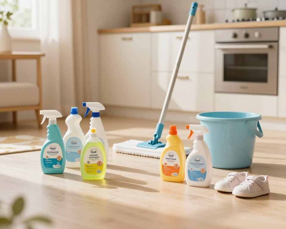 A cozy, well-lit kitchen floor featuring a clean surface, showcasing an array of colorful, safe-for-baby floor cleaning chemicals. In the foreground, several baby-safe cleaning products are neatly arranged with labels clearly indicating their non-toxic nature, such as "natural ingredients" and "baby safe." A pair of small, infant-sized shoes can be seen on the side, emphasizing the focus on children’s safety. In the middle, a mop and a bucket are set invitingly, hinting at their use in maintaining cleanliness. The background shows a warm, inviting kitchen environment with soft, natural sunlight streaming through a window, casting gentle shadows. The mood is reassuring and homey, reflecting a safe space for babies and families. A cozy, well-lit kitchen floor featuring a clean surface, showcasing an array of colorful, safe-for-baby floor cleaning chemicals. In the foreground, several baby-safe cleaning products are neatly arranged with labels clearly indicating their non-toxic nature, such as "natural ingredients" and "baby safe." A pair of small, infant-sized shoes can be seen on the side, emphasizing the focus on children’s safety. In the middle, a mop and a bucket are set invitingly, hinting at their use in maintaining cleanliness. The background shows a warm, inviting kitchen environment with soft, natural sunlight streaming through a window, casting gentle shadows. The mood is reassuring and homey, reflecting a safe space for babies and families.