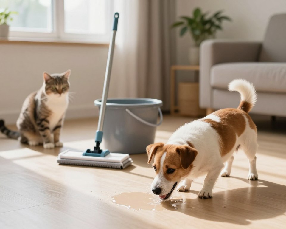 A cozy, well-lit living room featuring a freshly mopped floor, showcasing a clean and inviting environment for pets. In the foreground, a small, happy dog curiously sniffs the damp floor, while a curious cat watches from a distance, both illustrating the theme of pet safety after cleaning. In the middle ground, a mop and bucket are neatly arranged, emphasizing cleanliness; natural light streams in through a window, casting soft shadows that enhance the inviting atmosphere. In the background, a subtle hint of houseplants adds a touch of warmth and life to the scene, creating a serene environment. The overall mood is calm and reassuring, reflecting the importance of allowing proper drying time for pet safety. Focused, clear lens with a slightly blurred background to draw attention to the pets and cleaning supplies. A cozy, well-lit living room featuring a freshly mopped floor, showcasing a clean and inviting environment for pets. In the foreground, a small, happy dog curiously sniffs the damp floor, while a curious cat watches from a distance, both illustrating the theme of pet safety after cleaning. In the middle ground, a mop and bucket are neatly arranged, emphasizing cleanliness; natural light streams in through a window, casting soft shadows that enhance the inviting atmosphere. In the background, a subtle hint of houseplants adds a touch of warmth and life to the scene, creating a serene environment. The overall mood is calm and reassuring, reflecting the importance of allowing proper drying time for pet safety. Focused, clear lens with a slightly blurred background to draw attention to the pets and cleaning supplies.