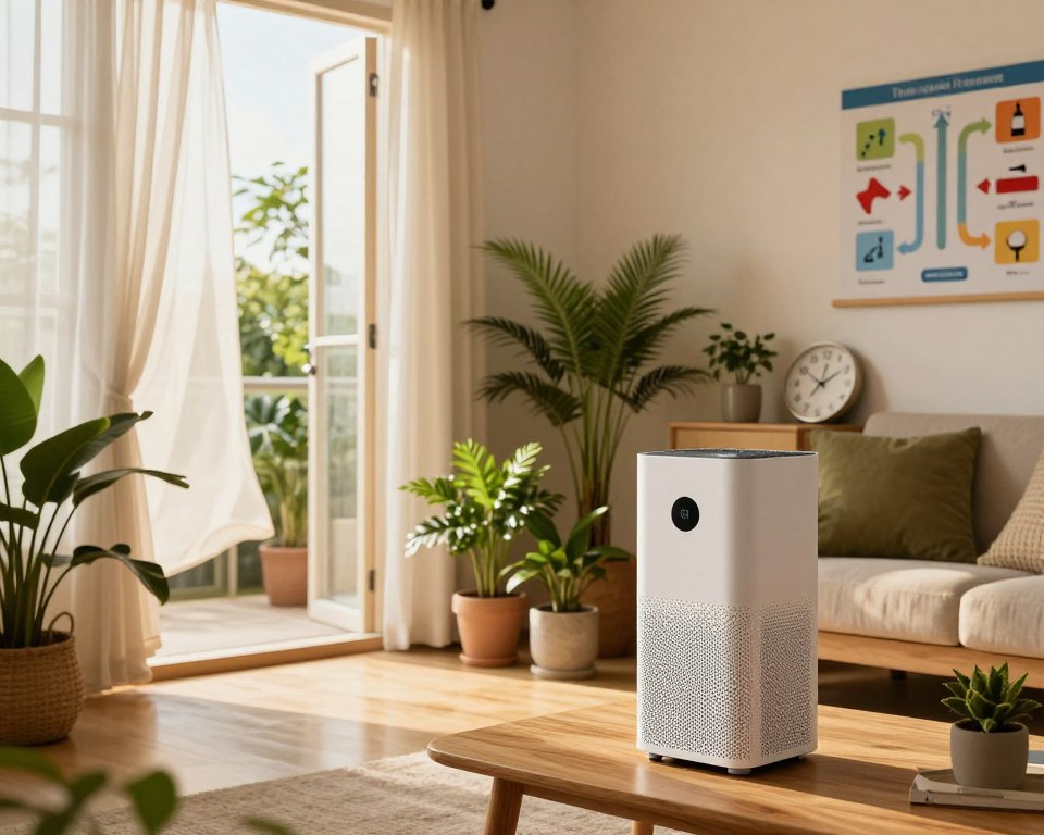 A cozy, well-lit living room featuring a large open window with sheer curtains gently blowing in the breeze. In the foreground, a stylish air purifier sits on a wooden table, hinting at factors that affect indoor air quality. The middle ground includes fresh houseplants that thrive in well-ventilated spaces, alongside a clock displaying a timely moment. In the background, a colorful wall chart illustrates ventilation tips using visual symbols like arrows and airflow lines, creating a sense of educational ambiance. The lighting is warm and inviting, suggesting a late afternoon mood. The angle captures depth, emphasizing the room's cleanliness and inviting atmosphere, without any human figures or distracting elements. A cozy, well-lit living room featuring a large open window with sheer curtains gently blowing in the breeze. In the foreground, a stylish air purifier sits on a wooden table, hinting at factors that affect indoor air quality. The middle ground includes fresh houseplants that thrive in well-ventilated spaces, alongside a clock displaying a timely moment. In the background, a colorful wall chart illustrates ventilation tips using visual symbols like arrows and airflow lines, creating a sense of educational ambiance. The lighting is warm and inviting, suggesting a late afternoon mood. The angle captures depth, emphasizing the room's cleanliness and inviting atmosphere, without any human figures or distracting elements.