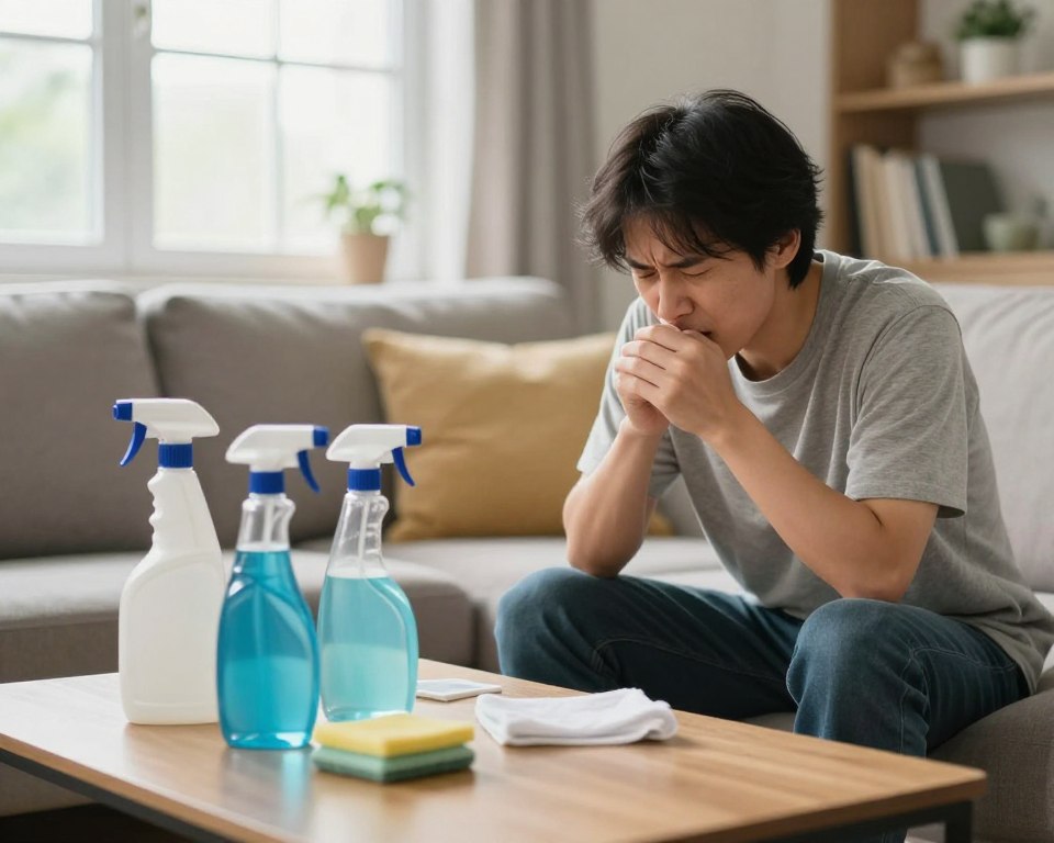 A cozy, well-lit living room scene, focusing on the foreground where a person in modest, casual clothing is coughing, indicating asthma symptoms. Their face shows a slight expression of discomfort and concern. In the middle, various common cleaning products like sprays and wipes are neatly arranged on a coffee table, hinting at potential triggers. The background features a window with daylight streaming in, creating a bright and airy feeling. Soft, natural light enhances the sense of a home environment while conveying a mood of caution and health awareness. The focus is on the interaction between the person and the cleaning products, illustrating the context of asthma sensitivity.
