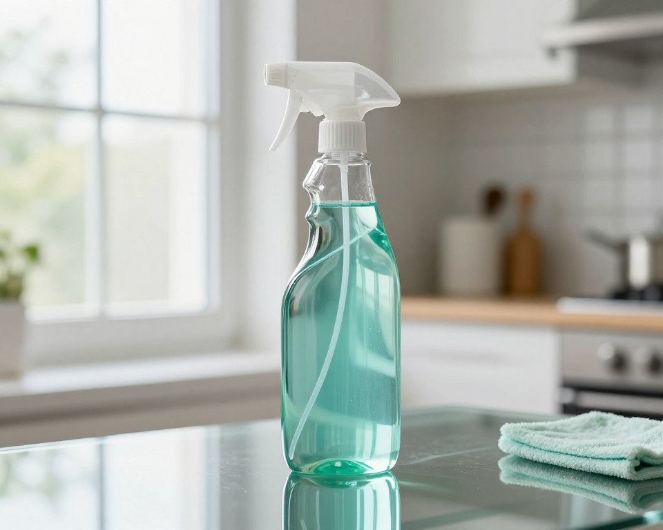 A crystal-clear bottle of glass cleaner takes center stage, half-filled and reflecting bright light, with a sleek, modern spray nozzle. Surrounding it, there are several sparkling clean glass surfaces, including a large, pristine window and a glass table, showing no streaks or marks, indicating effective cleaning. In the background, a bright, well-lit kitchen setting with soft natural light filtering in enhances clarity. There's a subtle bokeh effect blurring excess clutter, ensuring the focus remains on the glass cleaner. The color palette is fresh and vibrant, with greens and blues suggesting a clean, invigorating atmosphere. The overall mood is one of cleanliness and professionalism, perfect for showcasing best practices in cleaning glass surfaces. A crystal-clear bottle of glass cleaner takes center stage, half-filled and reflecting bright light, with a sleek, modern spray nozzle. Surrounding it, there are several sparkling clean glass surfaces, including a large, pristine window and a glass table, showing no streaks or marks, indicating effective cleaning. In the background, a bright, well-lit kitchen setting with soft natural light filtering in enhances clarity. There's a subtle bokeh effect blurring excess clutter, ensuring the focus remains on the glass cleaner. The color palette is fresh and vibrant, with greens and blues suggesting a clean, invigorating atmosphere. The overall mood is one of cleanliness and professionalism, perfect for showcasing best practices in cleaning glass surfaces.