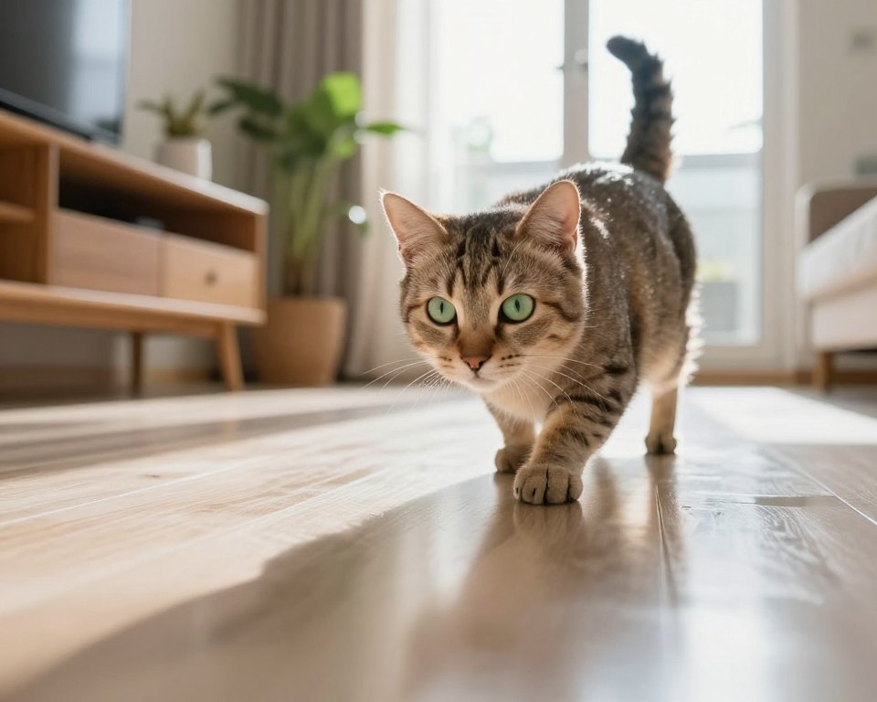 A curious cat with striking green eyes cautiously approaches a shiny, freshly cleaned floor. In the foreground, the cat's soft, fluffy fur glistens as it investigates the reflective surface. The middle ground features a bright living room with warm wooden furniture and potted plants, creating a cozy home atmosphere. In the background, sunlight streams through large windows, illuminating the space with a soft, inviting glow. The overall mood is one of curiosity and caution, emphasizing the concern of the cat's safety on the newly cleaned surface. The scene is captured from a low angle, highlighting the cat's perspective as it navigates this glossy environment. A curious cat with striking green eyes cautiously approaches a shiny, freshly cleaned floor. In the foreground, the cat's soft, fluffy fur glistens as it investigates the reflective surface. The middle ground features a bright living room with warm wooden furniture and potted plants, creating a cozy home atmosphere. In the background, sunlight streams through large windows, illuminating the space with a soft, inviting glow. The overall mood is one of curiosity and caution, emphasizing the concern of the cat's safety on the newly cleaned surface. The scene is captured from a low angle, highlighting the cat's perspective as it navigates this glossy environment.