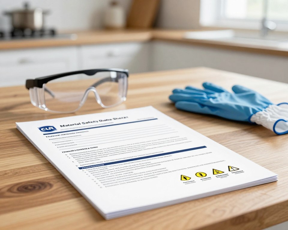 A detailed Material Safety Data Sheet (MSDS) for CLR cleaner prominently displayed on a sleek wooden table, with a focus on its informative sections like hazards, handling, and first aid measures. In the foreground, emphasize the MSDS document, showcasing clear headings, symbols, and safety icons. In the middle, subtly include a pair of safety goggles and a pair of gloves to highlight safety precautions. The background features a softly blurred kitchen setting, conveying a home-like atmosphere. The lighting is bright and clean, simulating daylight filtering through a window, giving an informative and professional ambiance. Capture close-up details to create depth, aiming for a clear, crisp image without any distractions or text overlays. The mood should be educational and safety-focused, reflecting the nature of the information provided. A detailed Material Safety Data Sheet (MSDS) for CLR cleaner prominently displayed on a sleek wooden table, with a focus on its informative sections like hazards, handling, and first aid measures. In the foreground, emphasize the MSDS document, showcasing clear headings, symbols, and safety icons. In the middle, subtly include a pair of safety goggles and a pair of gloves to highlight safety precautions. The background features a softly blurred kitchen setting, conveying a home-like atmosphere. The lighting is bright and clean, simulating daylight filtering through a window, giving an informative and professional ambiance. Capture close-up details to create depth, aiming for a clear, crisp image without any distractions or text overlays. The mood should be educational and safety-focused, reflecting the nature of the information provided.
