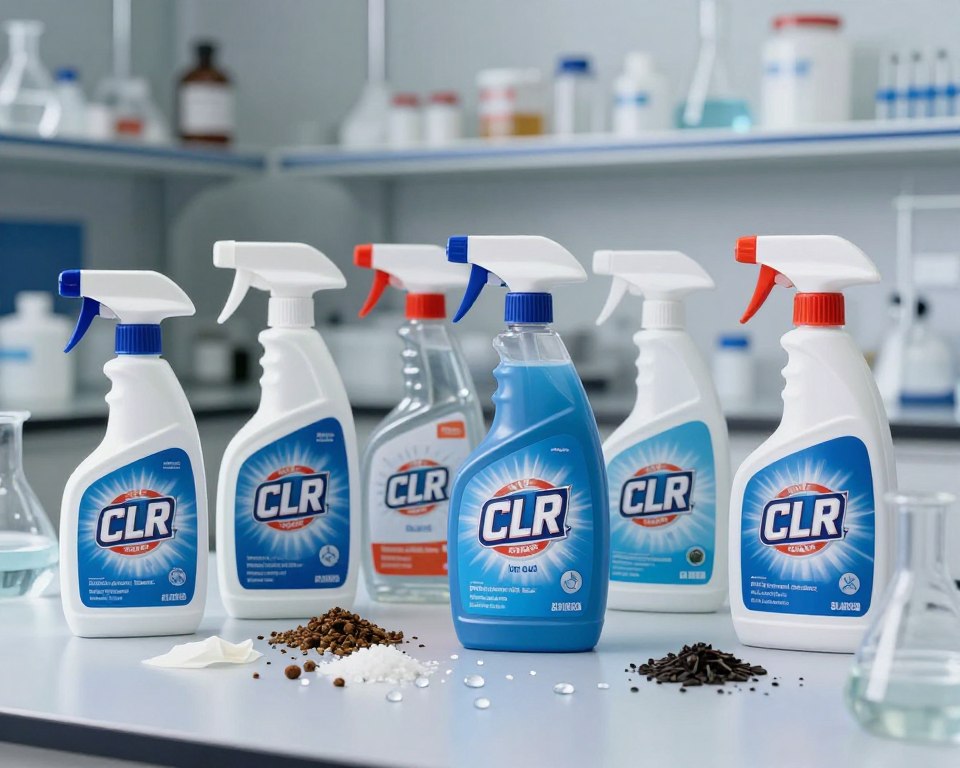 A detailed and visually engaging composition illustrating the chemical ingredients of CLR cleaner. In the foreground, a variety of CLR cleaner bottles in various shapes and sizes, clearly labeled with their names and ingredient lists. In the middle, a flat surface showcasing scattered ingredients used in CLR, such as phosphoric acid, lactic acid, and other chemical components, elegantly arranged with droplets of water for a fresh effect. The background features a soft-focus laboratory setting with shelves lined with safety equipment and chemical containers, illuminated by bright, natural lighting to create a clean, professional atmosphere. Capture the scene from a slightly elevated angle to enhance depth. The mood should be informative and curious, inviting the viewer to explore the science behind the product. A detailed and visually engaging composition illustrating the chemical ingredients of CLR cleaner. In the foreground, a variety of CLR cleaner bottles in various shapes and sizes, clearly labeled with their names and ingredient lists. In the middle, a flat surface showcasing scattered ingredients used in CLR, such as phosphoric acid, lactic acid, and other chemical components, elegantly arranged with droplets of water for a fresh effect. The background features a soft-focus laboratory setting with shelves lined with safety equipment and chemical containers, illuminated by bright, natural lighting to create a clean, professional atmosphere. Capture the scene from a slightly elevated angle to enhance depth. The mood should be informative and curious, inviting the viewer to explore the science behind the product.