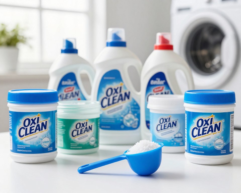 A detailed close-up of various OxiClean ingredient labels spread out on a clean white background, showcasing their chemical names and structures. In the foreground, focus on a vibrant blue scoop of OxiClean, surrounded by individual ingredient containers, emphasizing the clarity of their materials. The middle ground features an arrangement of common household items used in laundry, like detergent bottles and fabric softeners, subtly out of focus. The background consists of a bright, sunlit laundry room with soft, natural light filtering through a window, creating a fresh and clean atmosphere. The overall mood is informative and professional, aimed at educating the viewer about the components of OxiClean in a safe and approachable manner. A detailed close-up of various OxiClean ingredient labels spread out on a clean white background, showcasing their chemical names and structures. In the foreground, focus on a vibrant blue scoop of OxiClean, surrounded by individual ingredient containers, emphasizing the clarity of their materials. The middle ground features an arrangement of common household items used in laundry, like detergent bottles and fabric softeners, subtly out of focus. The background consists of a bright, sunlit laundry room with soft, natural light filtering through a window, creating a fresh and clean atmosphere. The overall mood is informative and professional, aimed at educating the viewer about the components of OxiClean in a safe and approachable manner.