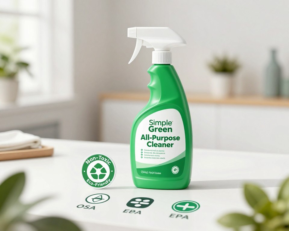 A detailed illustration of Simple Green All-Purpose Cleaner safety information, featuring a prominently displayed green bottle with a clean, modern design. In the foreground, show a safety certification badge, such as "Non-Toxic" and "Eco-Friendly," highlighted to emphasize compliance. The middle ground includes a table with icons representing regulatory standards like OSHA and EPA, surrounded by soft, natural lighting that creates a fresh and inviting atmosphere. The background consists of a well-organized workspace, featuring subtle plant life for an organic touch. The overall mood should convey trust and safety, with a focus on environmental responsibility, using a bright color palette featuring greens and whites. Use a wide angle lens to capture the entire scene cohesively. A detailed illustration of Simple Green All-Purpose Cleaner safety information, featuring a prominently displayed green bottle with a clean, modern design. In the foreground, show a safety certification badge, such as "Non-Toxic" and "Eco-Friendly," highlighted to emphasize compliance. The middle ground includes a table with icons representing regulatory standards like OSHA and EPA, surrounded by soft, natural lighting that creates a fresh and inviting atmosphere. The background consists of a well-organized workspace, featuring subtle plant life for an organic touch. The overall mood should convey trust and safety, with a focus on environmental responsibility, using a bright color palette featuring greens and whites. Use a wide angle lens to capture the entire scene cohesively.