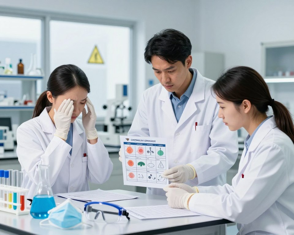 A detailed illustration of a professional setting focused on identifying symptoms of chemical exposure. In the foreground, a diverse group of two individuals, a man and a woman, both wearing lab coats and protective gloves, are examining a set of chemical safety charts that display symptoms such as skin irritation, respiratory issues, and headaches. The middle ground features a table cluttered with safety equipment like goggles, masks, and test tubes. In the background, a window reveals a laboratory environment with scientific apparatus and a caution symbol. The lighting is bright and clinical, enhancing the seriousness of chemical safety. The mood is focused and alert, emphasizing the importance of recognizing symptoms related to chemical exposure.