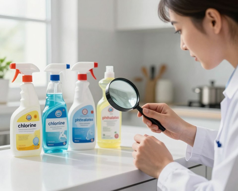 A detailed, professional setting showcasing a clean kitchen counter where a researcher in a white lab coat examines various cleaning product labels. In the foreground, a close-up of hands holding a magnifying glass over a cleaning product, revealing chemical names like "chlorine" and "phthalates" in bold lettering. The middle ground includes several cleaning products on the counter, all arranged artfully but clearly displaying their labels. The background features softly blurred cabinets and natural light streaming in through a window, creating a bright, inviting atmosphere. The mood is one of curiosity and caution, emphasizing the importance of identifying toxic ingredients. The scene is captured from a slightly elevated angle for depth, ensuring a focus on the labels and the researcher’s thoughtful expression. A detailed, professional setting showcasing a clean kitchen counter where a researcher in a white lab coat examines various cleaning product labels. In the foreground, a close-up of hands holding a magnifying glass over a cleaning product, revealing chemical names like "chlorine" and "phthalates" in bold lettering. The middle ground includes several cleaning products on the counter, all arranged artfully but clearly displaying their labels. The background features softly blurred cabinets and natural light streaming in through a window, creating a bright, inviting atmosphere. The mood is one of curiosity and caution, emphasizing the importance of identifying toxic ingredients. The scene is captured from a slightly elevated angle for depth, ensuring a focus on the labels and the researcher’s thoughtful expression.