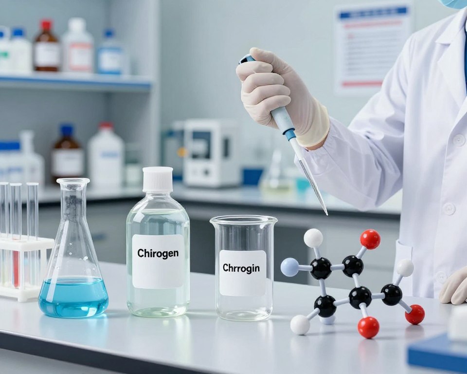 A detailed, scientific illustration showcasing the chemistry of common disinfectants. In the foreground, there are various laboratory glassware and chemical structures, such as molecular models of chlorine and hydrogen peroxide, meticulously arranged on a clean, sterile lab countertop. The middle ground features a hand in professional attire, wearing gloves, carefully measuring a disinfectant solution with a pipette. In the background, a softly blurred laboratory setting conveys a sterile environment, with shelves lined with chemical bottles and safety posters. The lighting is bright and clinical, highlighting the glassware's reflections. The mood is focused and educational, providing a sense of scientific discovery and safety in handling disinfectants.
