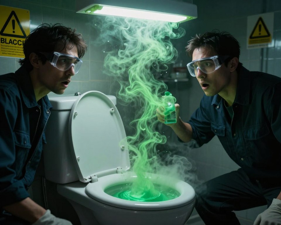 A dimly lit, hazardous scene depicting the harmful effects of mixing bleach with toilet bowl cleaner. In the foreground, a pair of severe-looking, safety-goggle-wearing professionals in smart attire, recoiling from a noxious green gas rising from a toilet bowl filled with swirling chemicals. Their expressions convey shock and concern. In the middle ground, the toilet is prominently featured, surrounded by swirling clouds of toxic fumes, with warning signs flashing in vivid colors, illustrating the danger. The background is blurred, subtly hinting at a bathroom environment with dramatic shadows cast by flickering fluorescent lights, enhancing a tense atmosphere. The overall mood is alarming and cautionary, capturing the serious ramifications of this dangerous chemical mix. A dimly lit, hazardous scene depicting the harmful effects of mixing bleach with toilet bowl cleaner. In the foreground, a pair of severe-looking, safety-goggle-wearing professionals in smart attire, recoiling from a noxious green gas rising from a toilet bowl filled with swirling chemicals. Their expressions convey shock and concern. In the middle ground, the toilet is prominently featured, surrounded by swirling clouds of toxic fumes, with warning signs flashing in vivid colors, illustrating the danger. The background is blurred, subtly hinting at a bathroom environment with dramatic shadows cast by flickering fluorescent lights, enhancing a tense atmosphere. The overall mood is alarming and cautionary, capturing the serious ramifications of this dangerous chemical mix.