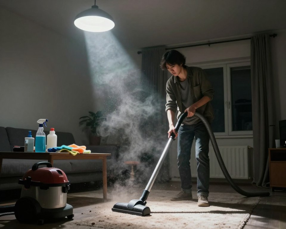 A dimly lit indoor scene depicting a person in modest casual clothing vacuuming a carpet in a room without open windows. Dust particles are visible in the shafts of light coming from the ceiling light, creating an atmosphere that feels stale and closed-in. The foreground features a vacuum cleaner and cleaning supplies like sprays and cloths scattered on a table. In the middle, a worried expression on the cleaner's face hints at the risks of inhaling chemical fumes. In the background, closed curtains and an untouched window illustrate the lack of ventilation. The overall mood conveys concern and a sense of confinement, emphasizing the importance of air circulation during cleaning tasks.