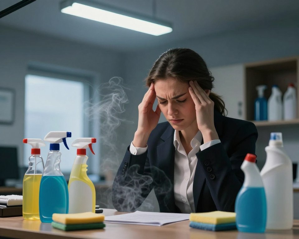 A dimly lit room showcasing a person in professional business attire, holding their head and displaying a look of discomfort, symbolizing a headache. In the foreground, various cleaning products, such as sprays and wipes, are scattered chaotically, emitting visible wisps of vapor to represent volatile organic compounds. The middle ground features a blurred window, allowing a hint of natural light to seep in, contrasting with the harsh fluorescent lights overhead. In the background, an open cabinet reveals more cleaning supplies, hinting at a cluttered space that contributes to the overwhelming atmosphere. The overall mood conveys unease and tension, emphasizing the impact of cleaning products on health while maintaining a focus on the person's struggle. A dimly lit room showcasing a person in professional business attire, holding their head and displaying a look of discomfort, symbolizing a headache. In the foreground, various cleaning products, such as sprays and wipes, are scattered chaotically, emitting visible wisps of vapor to represent volatile organic compounds. The middle ground features a blurred window, allowing a hint of natural light to seep in, contrasting with the harsh fluorescent lights overhead. In the background, an open cabinet reveals more cleaning supplies, hinting at a cluttered space that contributes to the overwhelming atmosphere. The overall mood conveys unease and tension, emphasizing the impact of cleaning products on health while maintaining a focus on the person's struggle.