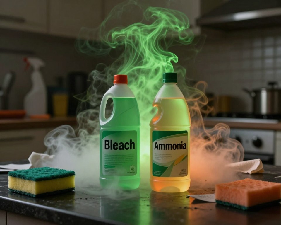 A dramatic composition showcasing two clear bottles labeled "Bleach" and "Ammonia" positioned dangerously close together on a cluttered kitchen counter. In the foreground, a swirling mist of hazardous fumes, depicted in vibrant, toxic green and orange hues, rises menacingly from the bottles, giving an ominous sense of danger. In the middle ground, household cleaning items like sponges and paper towels scatter chaotically, reflecting a disorganized and unsafe environment. The background features a dimly lit kitchen, emphasizing shadows to create a foreboding atmosphere. Use soft, diffused lighting to highlight the bottles while maintaining a sense of depth. The overall mood should evoke tension and caution around the dangers of chemical mixtures, inviting viewers to take the message seriously. A dramatic composition showcasing two clear bottles labeled "Bleach" and "Ammonia" positioned dangerously close together on a cluttered kitchen counter. In the foreground, a swirling mist of hazardous fumes, depicted in vibrant, toxic green and orange hues, rises menacingly from the bottles, giving an ominous sense of danger. In the middle ground, household cleaning items like sponges and paper towels scatter chaotically, reflecting a disorganized and unsafe environment. The background features a dimly lit kitchen, emphasizing shadows to create a foreboding atmosphere. Use soft, diffused lighting to highlight the bottles while maintaining a sense of depth. The overall mood should evoke tension and caution around the dangers of chemical mixtures, inviting viewers to take the message seriously.