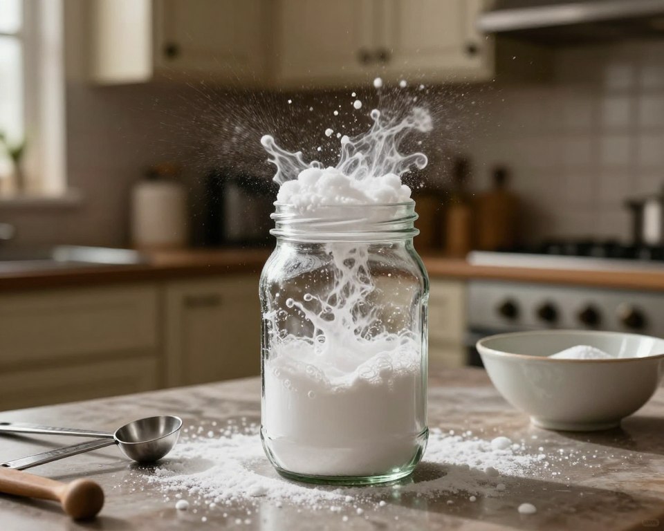 A dramatic kitchen scene focusing on the potential dangers of mixing baking soda and vinegar in a closed container. In the foreground, a clear glass jar under pressure, with bubbling and frothing contents escaping from the lid, hinting at an imminent explosion. The middle ground features an assortment of everyday kitchen items, like measuring spoons and a bowl, slightly splattered with white residues. The background shows a warm, softly lit kitchen environment with cabinets and countertops. The lighting is bright and focused on the jar while shadowing the edges to create a sense of urgency. The atmosphere is tense and alert, capturing the moment just before chaos unfolds, emphasizing safety in household experiments.