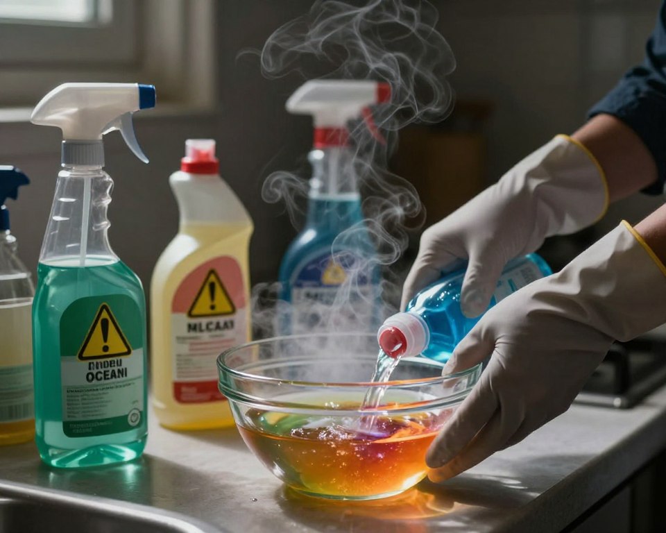 A dramatic kitchen scene illustrating the dangers of mixing household cleaning agents. In the foreground, a pair of gloved hands hesitantly mix two colorful liquids in a glass bowl, with fumes visibly rising and swirling above. The middle ground features various cleaning products, such as bleach and ammonia, positioned with caution labels clearly visible. The background reveals a slightly blurred kitchen environment, emphasizing a sense of domesticity but also unease. Soft, diffused lighting creates an ominous atmosphere, with shadows that hint at danger. The angle is slightly tilted to evoke a sense of imbalance, emphasizing the potential chaos of unsafe chemical mixtures. The mood is tense, warning viewers about the hazards of improper chemical combinations. A dramatic kitchen scene illustrating the dangers of mixing household cleaning agents. In the foreground, a pair of gloved hands hesitantly mix two colorful liquids in a glass bowl, with fumes visibly rising and swirling above. The middle ground features various cleaning products, such as bleach and ammonia, positioned with caution labels clearly visible. The background reveals a slightly blurred kitchen environment, emphasizing a sense of domesticity but also unease. Soft, diffused lighting creates an ominous atmosphere, with shadows that hint at danger. The angle is slightly tilted to evoke a sense of imbalance, emphasizing the potential chaos of unsafe chemical mixtures. The mood is tense, warning viewers about the hazards of improper chemical combinations.