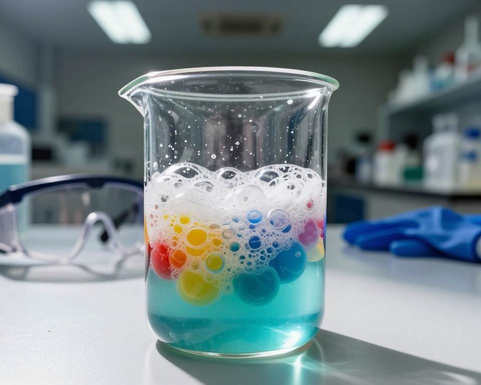 A dramatic laboratory scene depicting the chemical reaction between bleach and dish soap. In the foreground, vibrant bubbles filled with various colors are forming in a beaker, illustrating the effervescence of the reaction. The middle ground features a clear glass beaker partially filled with bleach and dish soap, with swirling colors and foam emerging from the mixture. The background consists of a cluttered lab table, with safety goggles and gloves visible, emphasizing a professional environment. Bright, overhead fluorescent lighting casts sharp shadows, highlighting the contours of the beaker and bubbles. The mood is dynamic and experimental, inviting curiosity about the chemical processes at play. The composition is shot from a slightly elevated angle, offering a clear view of the reaction without any text or distractions. A dramatic laboratory scene depicting the chemical reaction between bleach and dish soap. In the foreground, vibrant bubbles filled with various colors are forming in a beaker, illustrating the effervescence of the reaction. The middle ground features a clear glass beaker partially filled with bleach and dish soap, with swirling colors and foam emerging from the mixture. The background consists of a cluttered lab table, with safety goggles and gloves visible, emphasizing a professional environment. Bright, overhead fluorescent lighting casts sharp shadows, highlighting the contours of the beaker and bubbles. The mood is dynamic and experimental, inviting curiosity about the chemical processes at play. The composition is shot from a slightly elevated angle, offering a clear view of the reaction without any text or distractions.