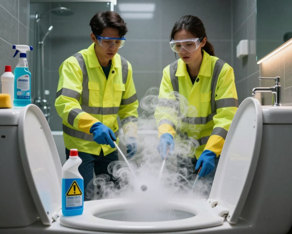 A dramatic scene depicting the dangerous effects of mixing bleach with toilet bowl cleaner. In the foreground, a pair of professional cleaners, dressed in bright safety uniforms with gloves and goggles, stand back from a swirling, toxic cloud of fumes rising ominously from a toilet. Their expressions exhibit concern and focus as they prepare to safely manage the situation. In the middle ground, various cleaning supplies are scattered, prominently featuring bleach and toilet bowl cleaner bottles, with caution symbols clearly visible. The background shows a modern bathroom with dim lighting, emphasizing the urgency of the scenario, while a stark light source highlights the fuming danger. The overall atmosphere is tense and cautionary, showcasing the importance of safety in professional cleaning. A dramatic scene depicting the dangerous effects of mixing bleach with toilet bowl cleaner. In the foreground, a pair of professional cleaners, dressed in bright safety uniforms with gloves and goggles, stand back from a swirling, toxic cloud of fumes rising ominously from a toilet. Their expressions exhibit concern and focus as they prepare to safely manage the situation. In the middle ground, various cleaning supplies are scattered, prominently featuring bleach and toilet bowl cleaner bottles, with caution symbols clearly visible. The background shows a modern bathroom with dim lighting, emphasizing the urgency of the scenario, while a stark light source highlights the fuming danger. The overall atmosphere is tense and cautionary, showcasing the importance of safety in professional cleaning.